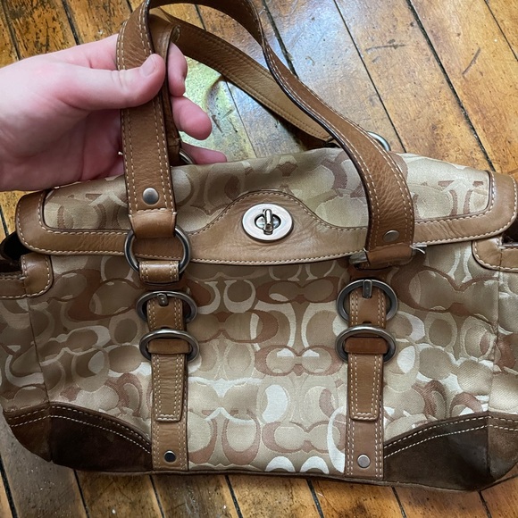 COACH Chelsea Optic Signature Suede Turnlock Tote Satchel - Picture 2 of 7